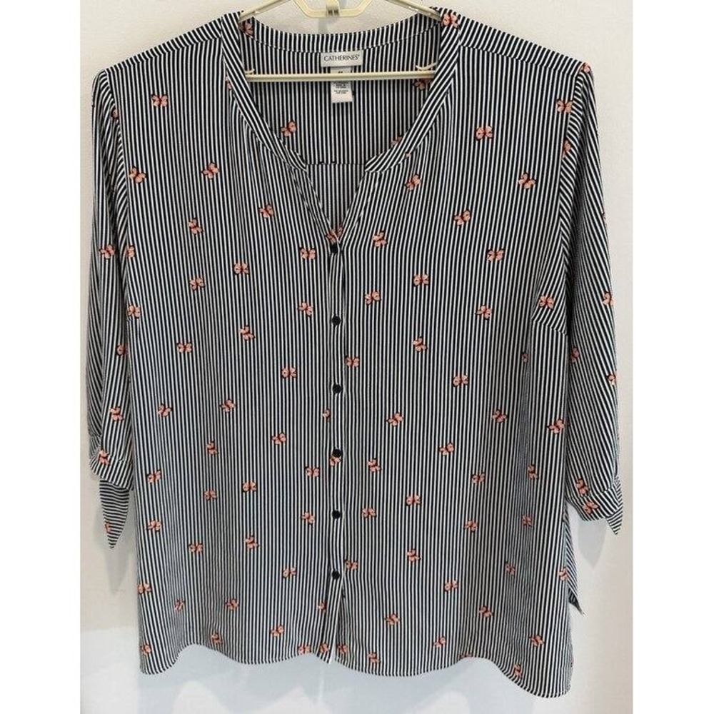 Catherines Striped Tunic Top 3/4 Tie End Sleeves Button Front Butterfly Print 4X